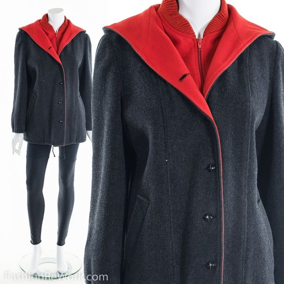 Gray Wool Coat, Gray and Red Wool Coat, Wool Coat with Hoodie, Collegiate Wool C - Picture 8 of 8